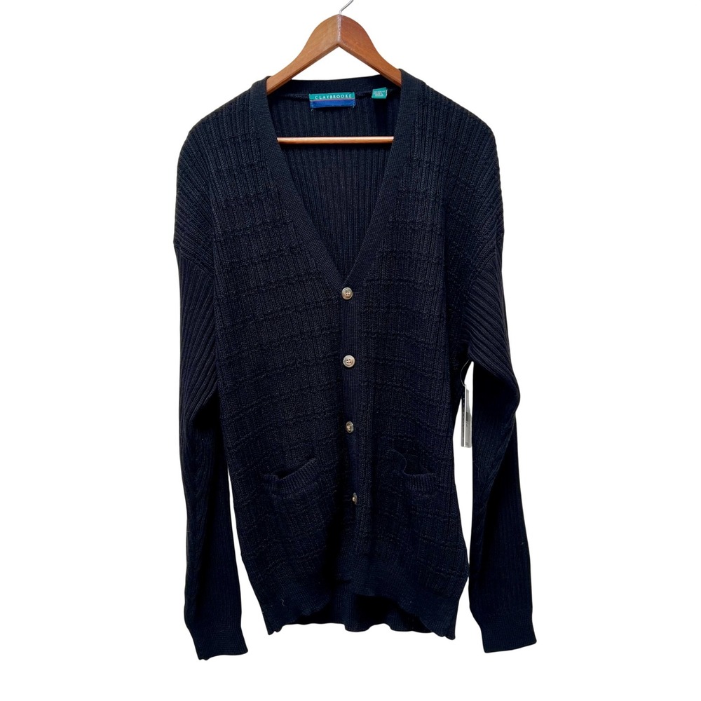 Claybrooke VTG Womens Black Wool Blend Knit Button‎ Front Cardigan Sweater L 80s